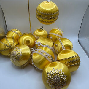 Vintage MCM set of 12 Satin Gold & White Holiday Christmas Ornaments